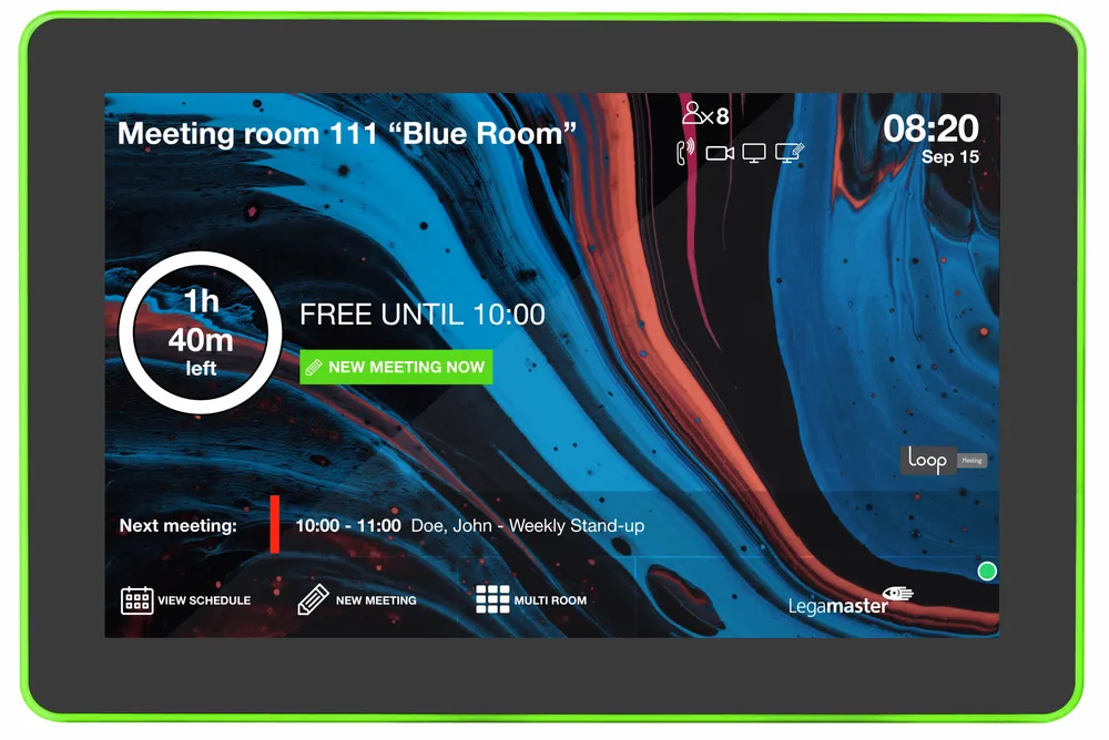 Roombooking display voor Loopsign systemen. Het roombooking platform zonder licentiekosten.