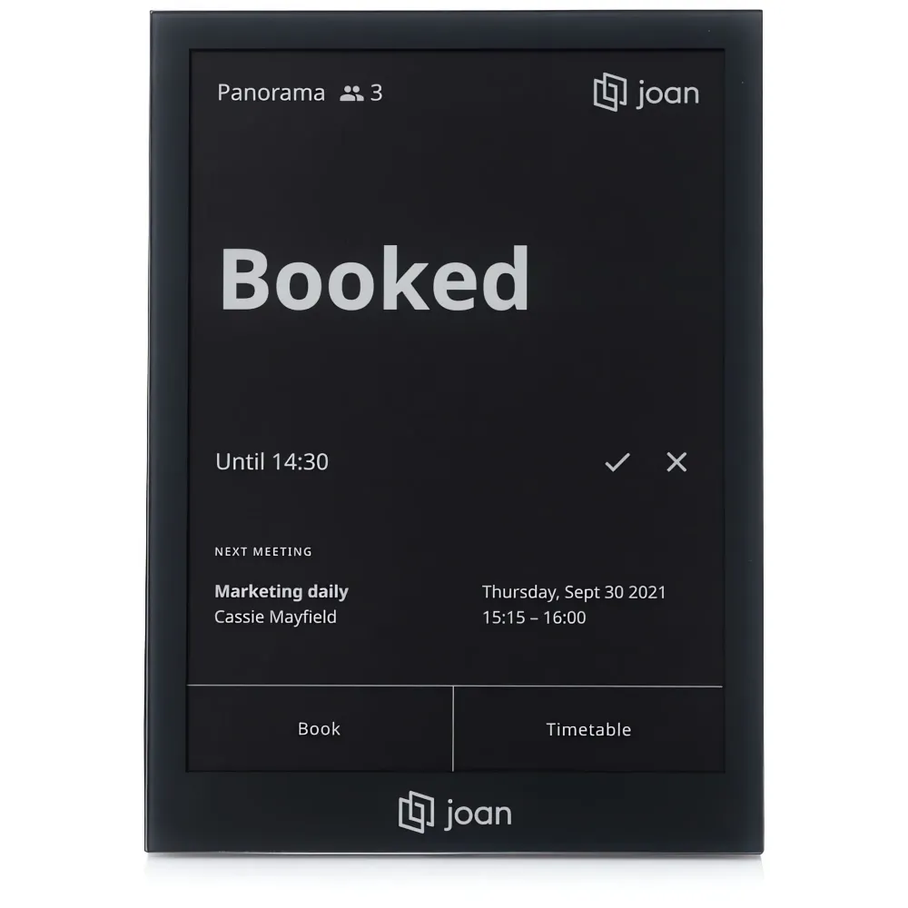 Joan E-ink roombooking display de draadloze oplossing met ingebouwde accu.