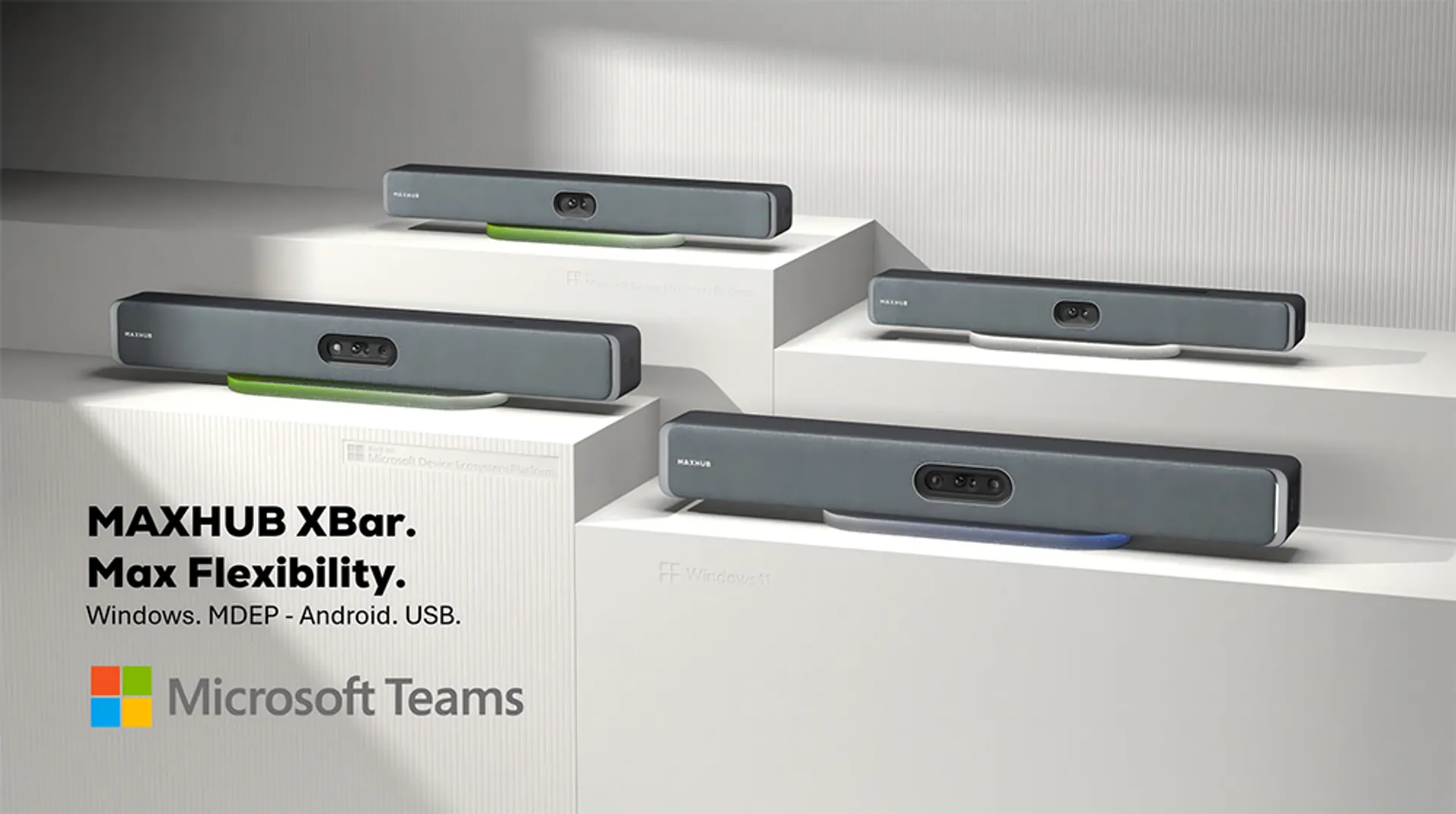 MAXHUB XBar Series videobar voor vergaderruimtes met geïntegreerde 4K-camera, microfoons en speakers voor Microsoft Teams Rooms en videoconferencing.