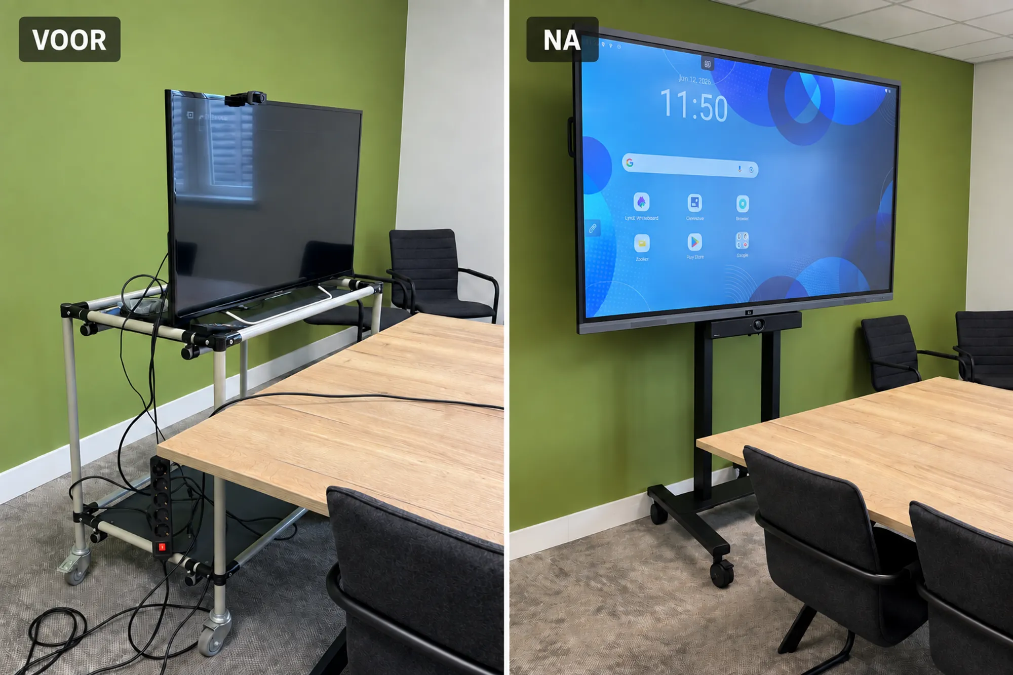 Voor en na: Clevertouch Pro 3 86 inch touchscreen op elektrisch verrijdbaar Neomounts-statief met Yealink UVC40.